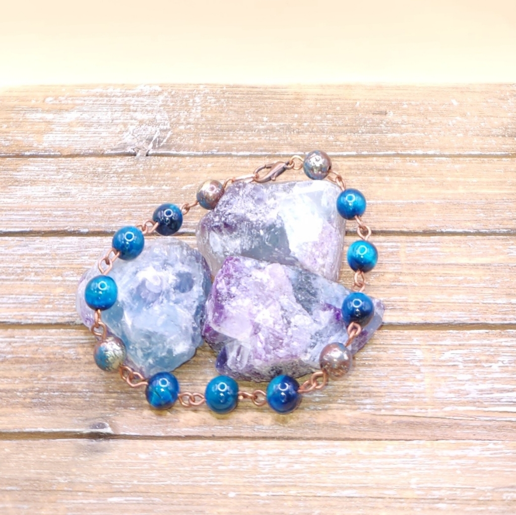 Blue Greentigers Eye And Copper Patina Linked Bracelet